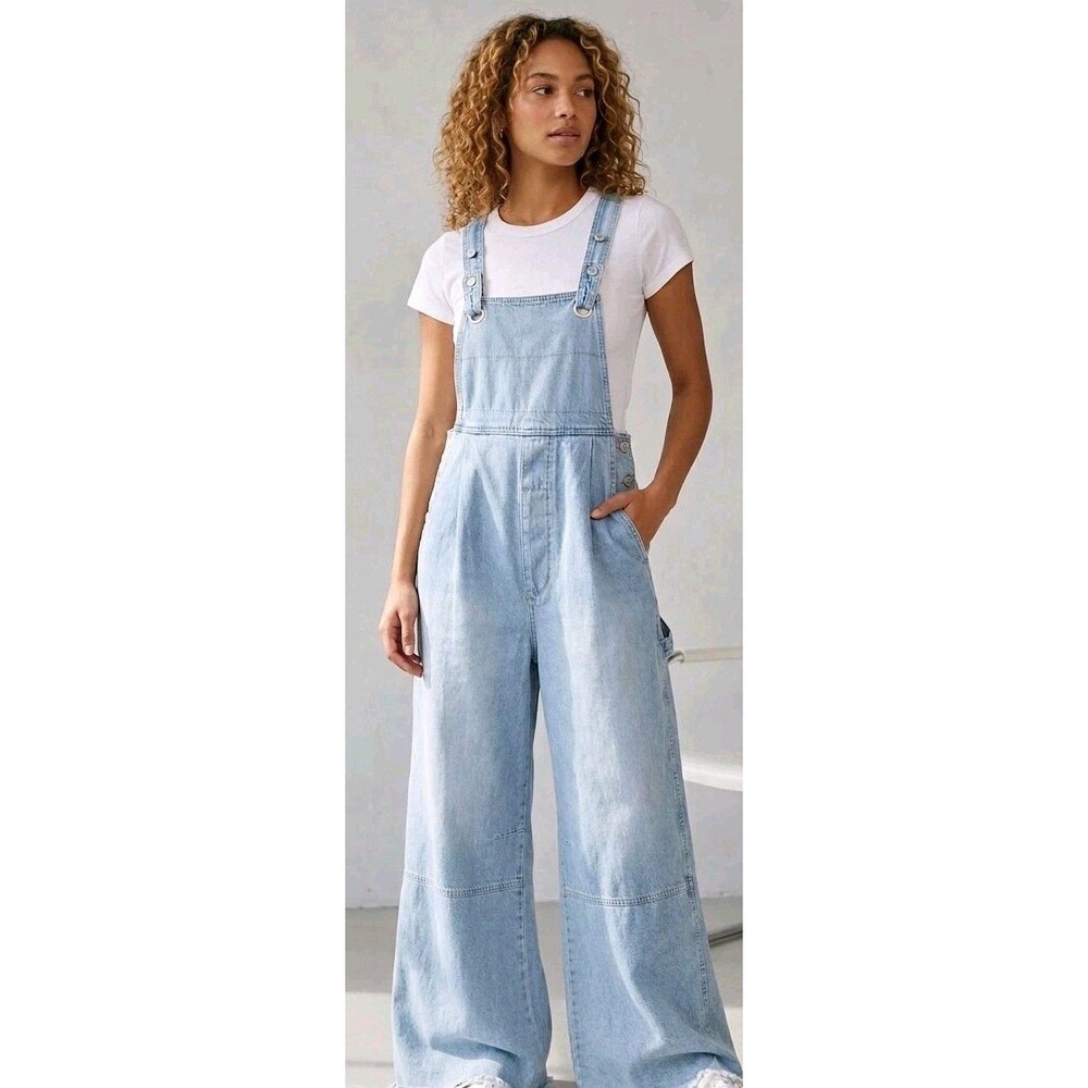 NWT We The Free Denim Rambler Wide Leg Overalls Jumpsuit Raw Hem Blue Medium